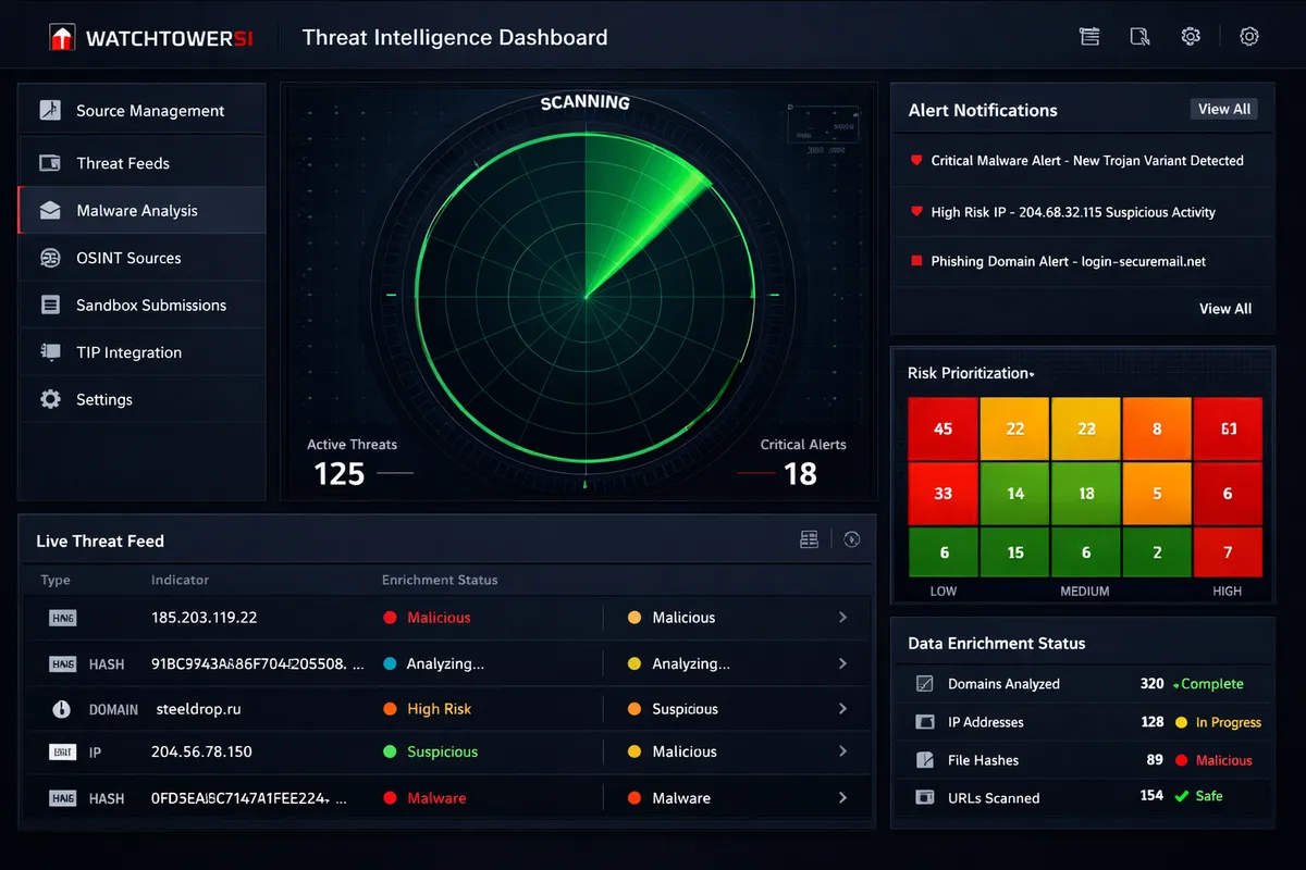 Threat Intelligence dashboard showing real-time threat feed, IOC data visualization, and alert highlights